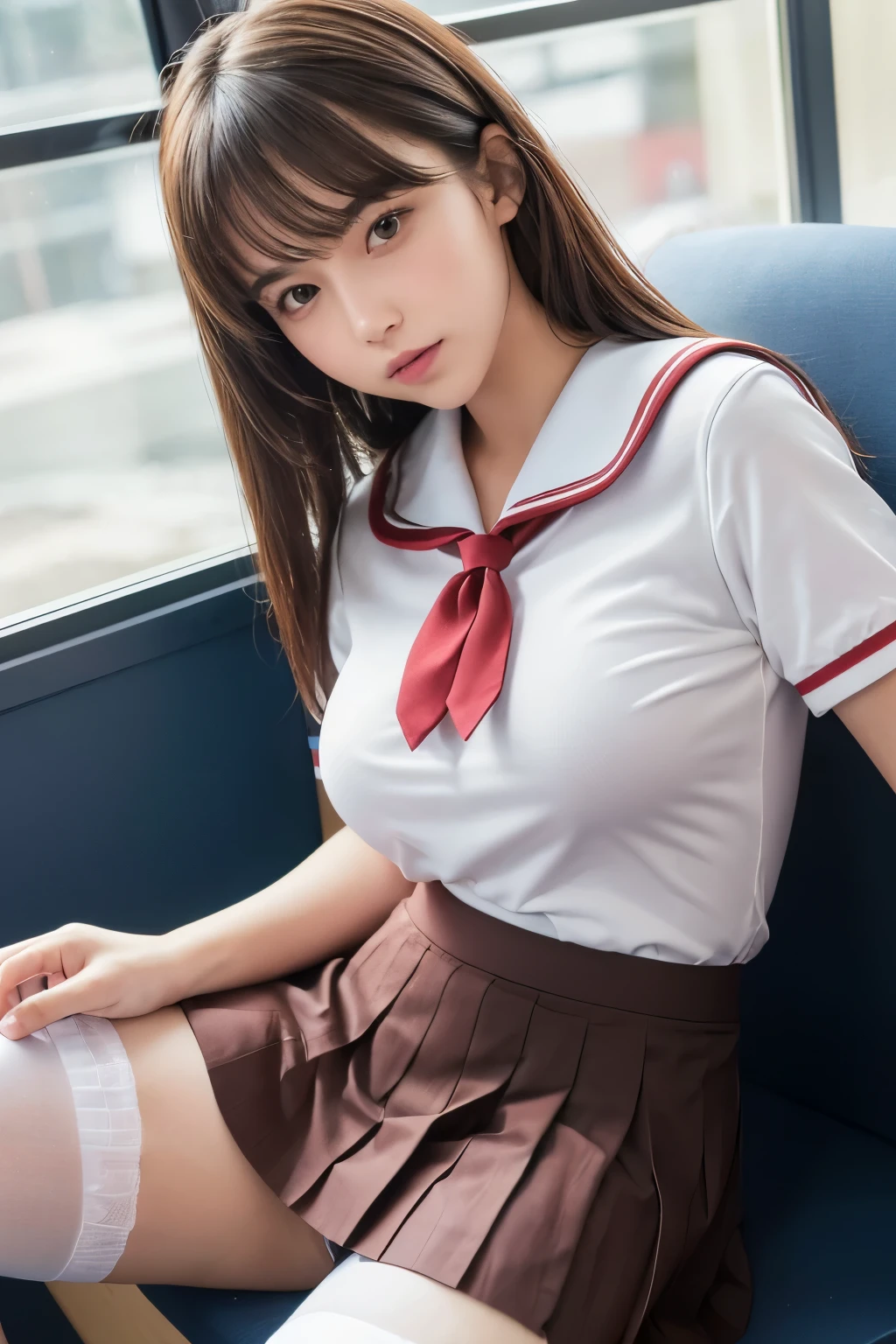 Highest quality,Ultra-detailed,masterpiece,Realistic,Photo realistic,Bright lighting,One Girl, Very beautiful 16 year old girl, (cute:1.2),A faint smile, (Brown eyes),(Brown haired),(Bans),Perfect glowing skin,Perfect Skin,((erotic,Sexy and sexually explicit)),((Accurate needles without discomfort)), Big ample breasts,Big breasts and small waist, Look at the viewers,((Sailor suit)),((Short sleeve uniform white shirt)),(Red tie),(Blue mini pleated skirt),(((Roll up the skirt yourself))),,(Showing panties),Wearing panties,Panty Focus,((,Spread your legs)), socks, (Black knee socks),(Loafer shoes), Daytime,A long seat facing away from the window