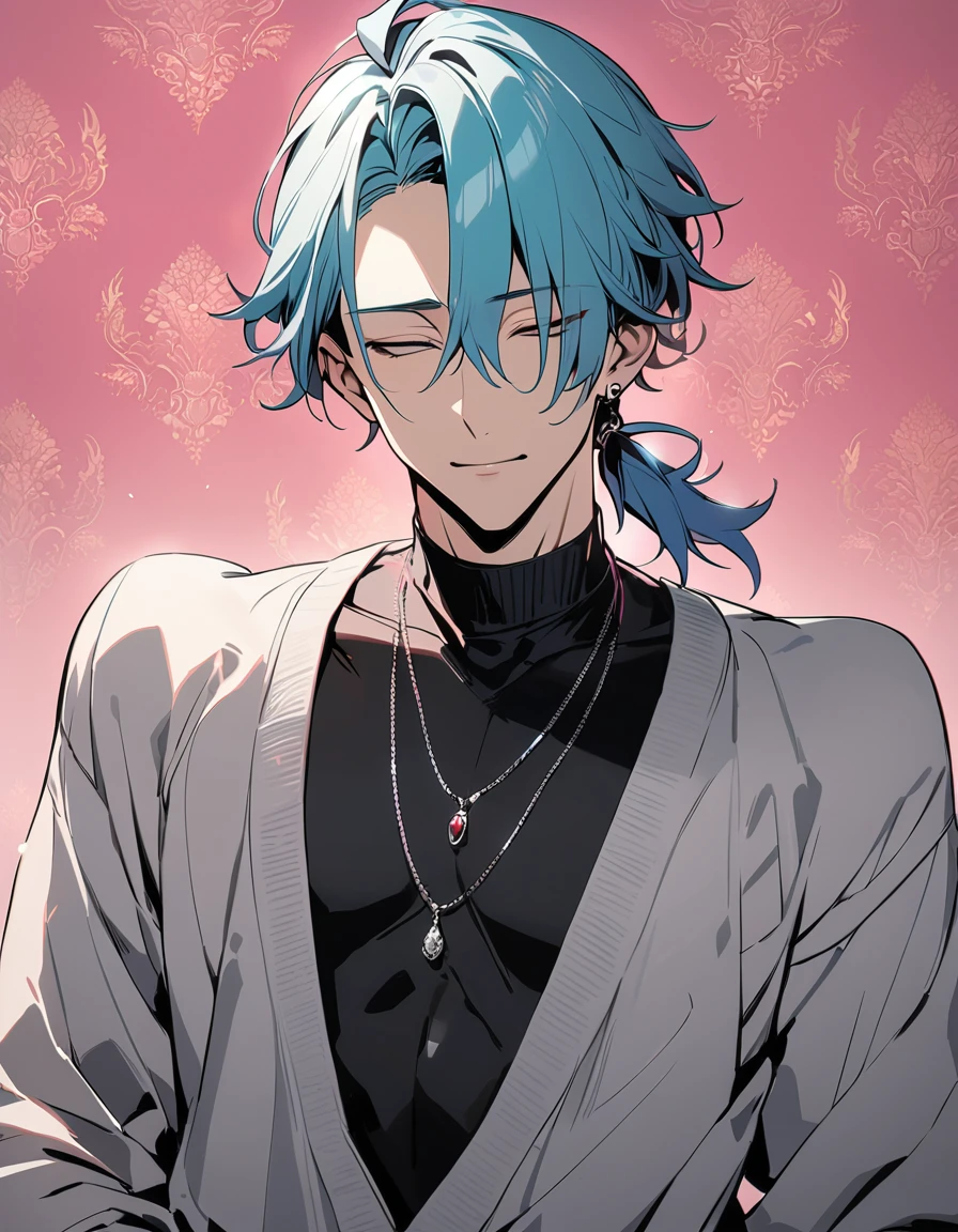 ((((best masterpiece, best quality, wallpaper,)))) solo, guy, male body, small muscles, flat chest, 1male, 30 years old, handsome man, upper body, looking at viewers, beautiful detailed, seductive smile, mediumturquoise hair, ((((Lower short ponytail)))), asymmetrical bangs, ((short hair,)) ((( closed eyes, tareme, droopy eyes,))) (((perfect face,))) perfect hands, sharp nose, clear face, black turtleneck, grey cardigan, ((silver piercing, pendant,)) leggings, pink background color ultrasharp, 8K, masterpiece,