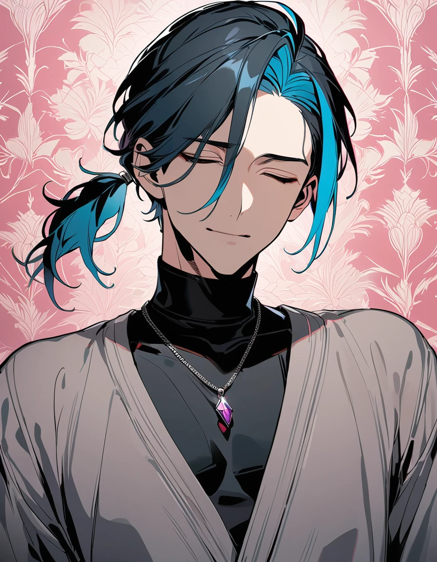 ((((best masterpiece, best quality, wallpaper,)))) solo, guy, male body, small muscles, flat chest, 1male, 30 years old, handsome man, upper body, looking at viewers, beautiful detailed, seductive smile, mediumturquoise hair, ((((Lower short ponytail)))), asymmetrical bangs, ((short hair,)) ((( closed eyes, tareme, droopy eyes,))) (((perfect face,))) perfect hands, sharp nose, clear face, black turtleneck, grey cardigan, ((silver piercing, pendant,)) leggings, pink background color ultrasharp, 8K, masterpiece,