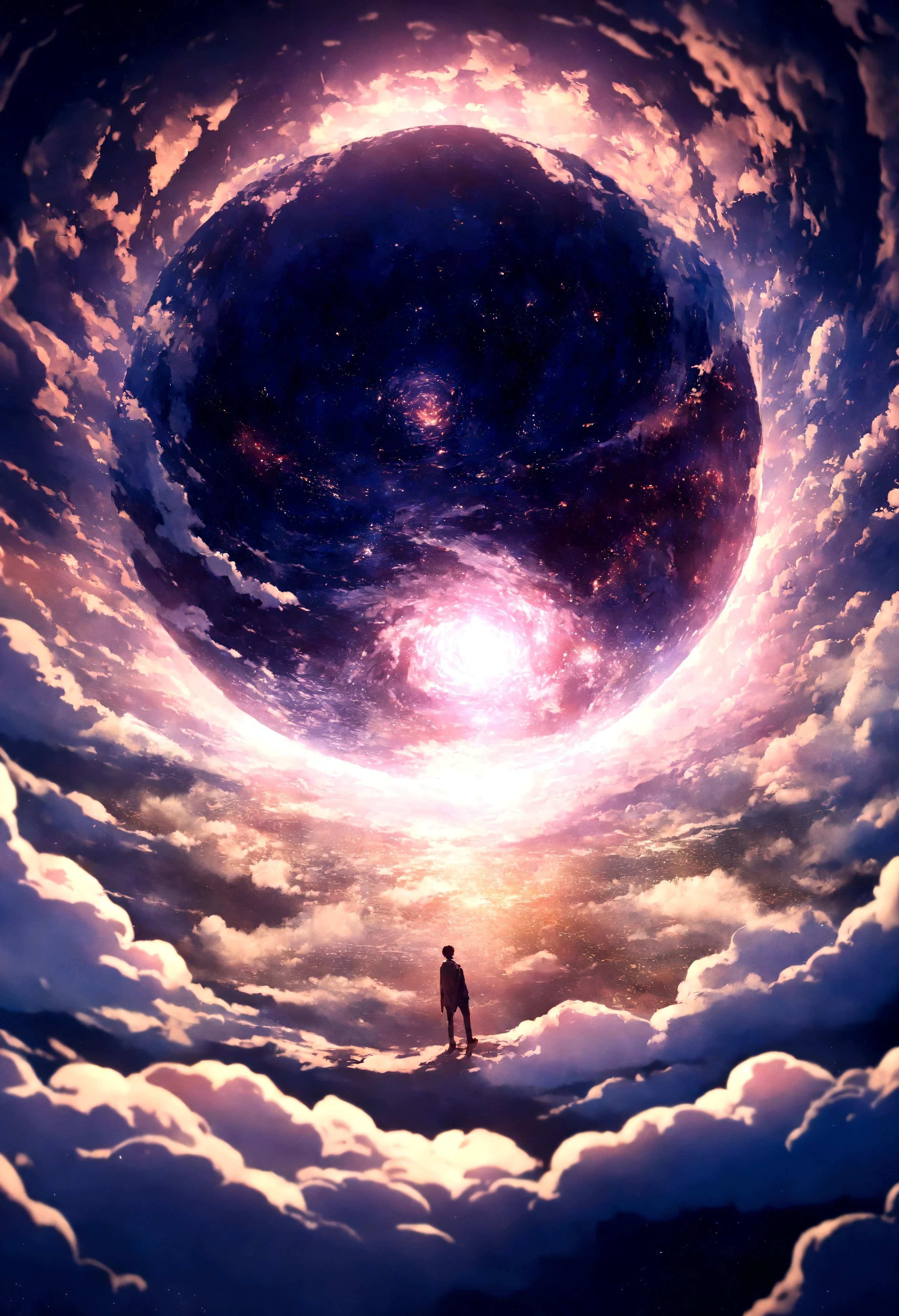 Highly Detailed CG Unity 8K Wallpaper, Cinematic Lighting, Lens Flare, Beautiful Detailed Eyes, Landscape, Ultra HD, Clouds, 8K Quality, Ultra Sharp, Real Light, Surreal, Ridiculous World Lines, High resolution, (masterpiece:1.4), highly detailed, one boy, top view, space, floating, -