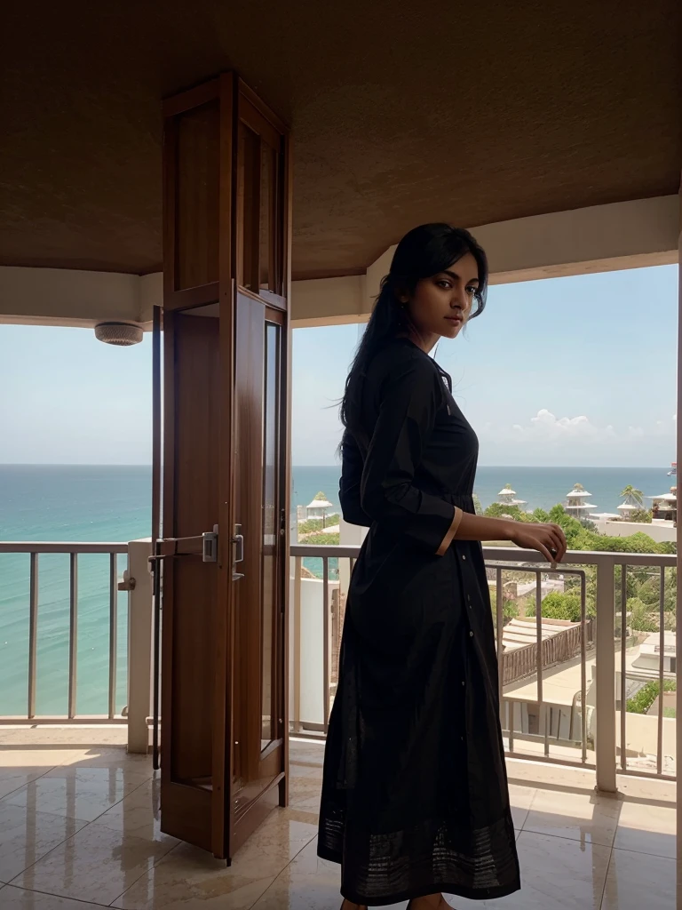 A indian gril black hair   drees  kurta shirt standing on balcony looking sea view on the resort