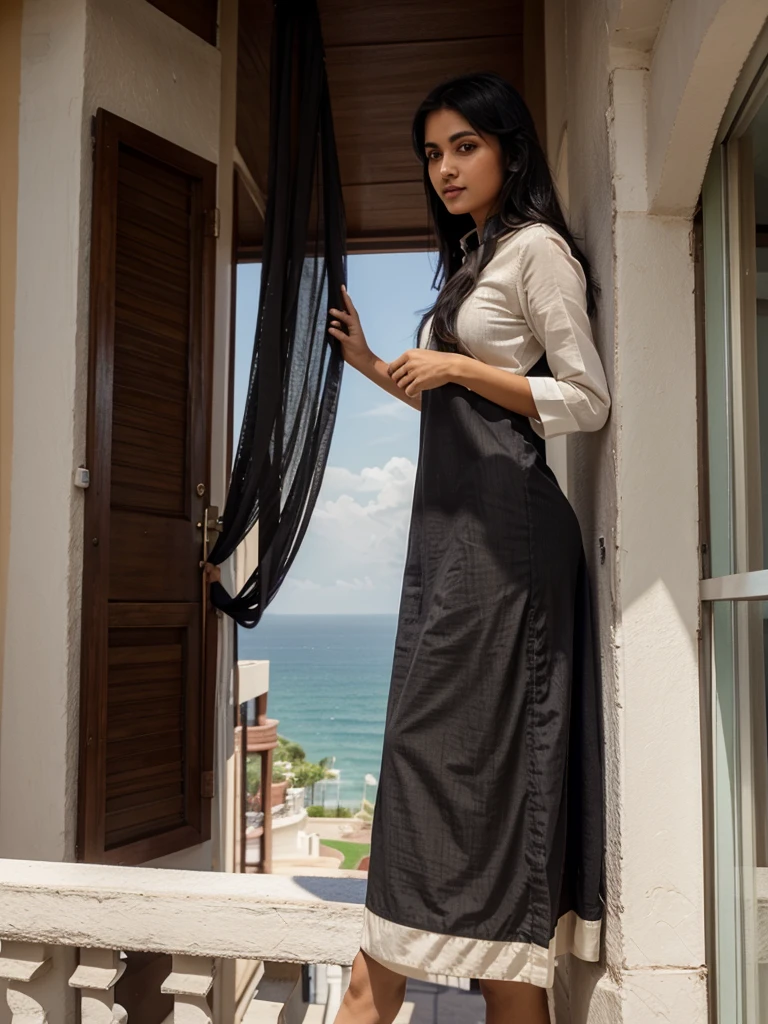 A indian gril black hair drees kurta shirt standing on balcony looking sea view on the resort