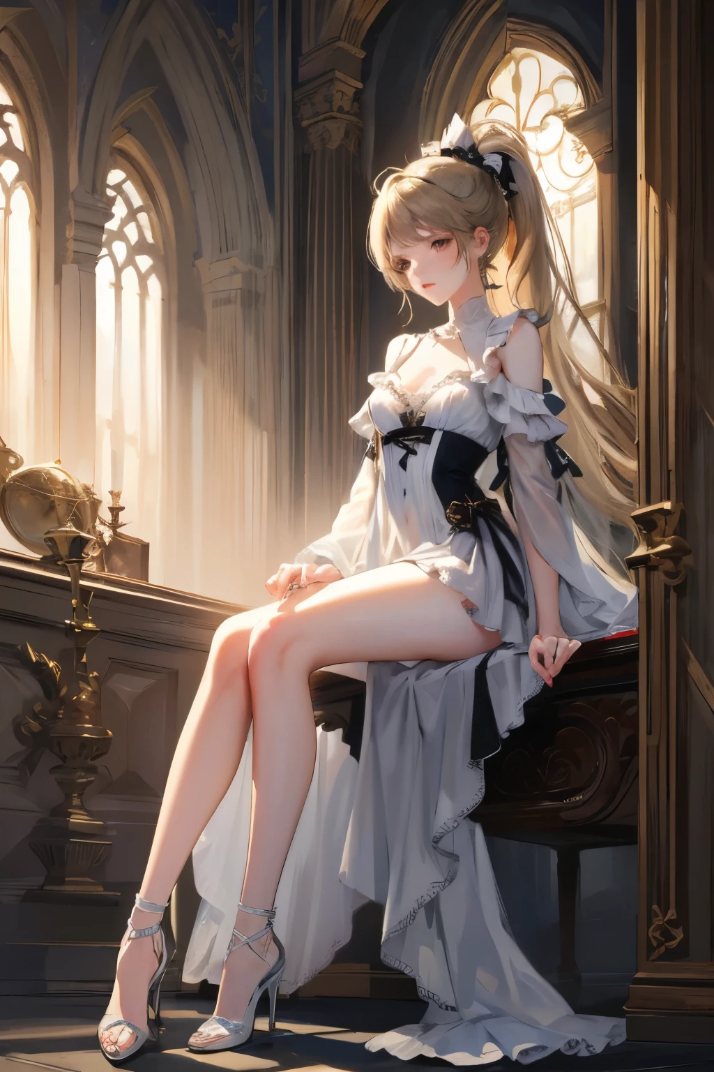  ((best quality)), ((masterpiece)), (detailed), 1girl, NSFW, small breasts, prominent collarbones, skinny arms, flat stomach, visible hip bones, long hair, ponytail, thick ponytail, heavy ponytail, red and white clothing, Bloodborne inspired, occult aesthetic, occult, detailed and intricate steampunk and detailed gothic, Fluttering lace flared long knee length dress with frilly petticoats, knee length dress, pleated petticoats