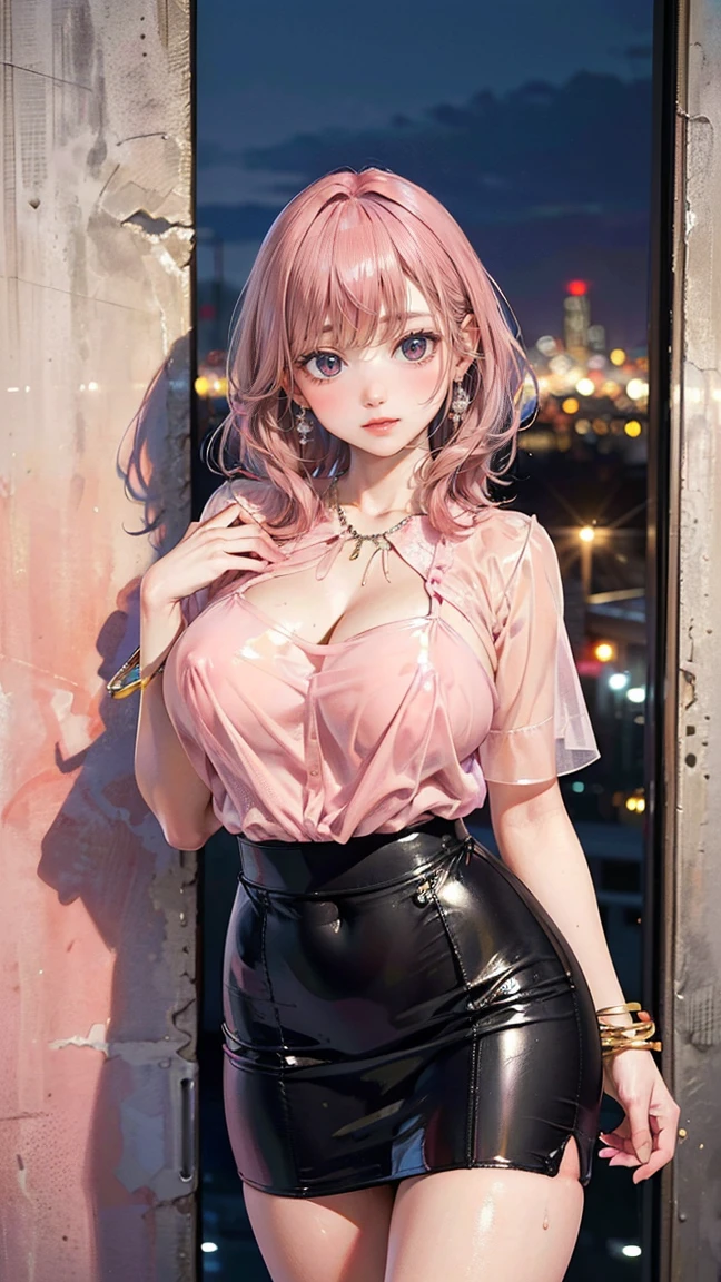 (Masterpiece, BestQuality:1.3), (ultra detailed:1.2), (hyperrealistic:1.3), (RAW photo:1.2), High detail RAW color photo, professional photograph, (Photorealistic:1.4), (realistic:1.4), professional lighting, perfect anatomy, (Big Breasts:1.2), (blush, detailed face), (cheerful Smile:1.5), (Pink Hair:1.5), Trending Hair&Trending Hairカラーをランダムに, earrings, necklace, bracelet, sexly, erotic sexly, Random sexy gravure poses, (Wearing a tight leather skirt and a sheer blouse、A woman licking her lips and posing sexy against the backdrop of a city night view。: 1.3)