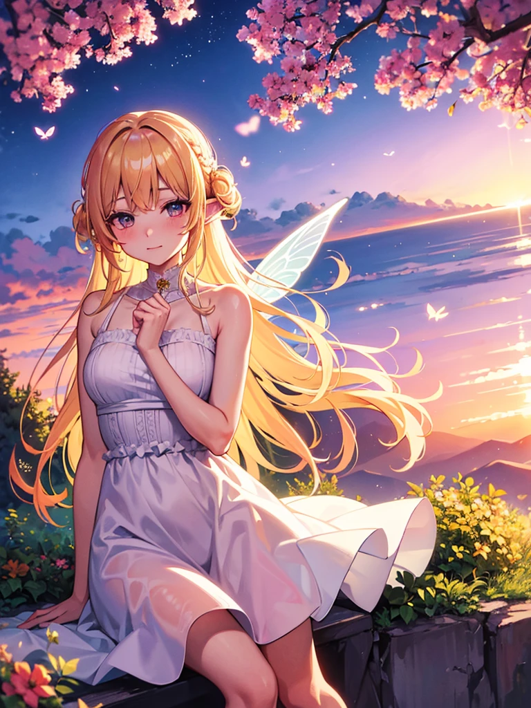 a fairy from a mountain peak looking at sunset below. She is wearing beautiful white dress, golden hair, has wings, There are pink butterflies in the sky and pink tree around.