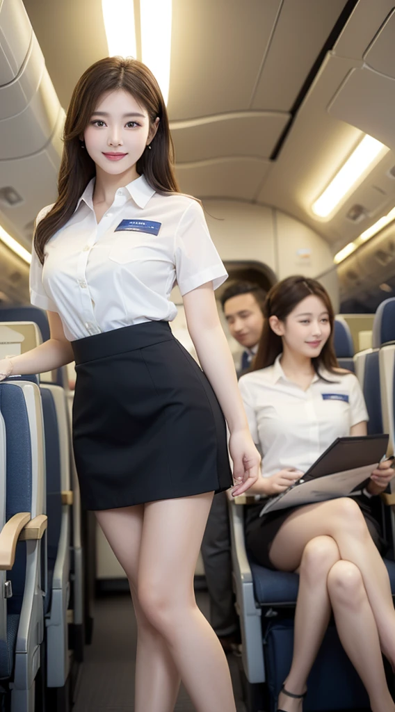 Highest quality、8K、Best image quality、Award-winning works、Korean、（Two girls:1.5）、Beautiful skin with a radiant glow、masterpiece、Top quality、Ultra-high definition、Depth of Field、Lens flare、、Brown hair、Gaze at the audience、Medium chest、Airline stewardess、（深蓝色Airline stewardess西装：1.hirt、Short ivory skirt、（Black YSL heels）、Perfect legs、Model pose、View from below、Smile、Flight cabin。