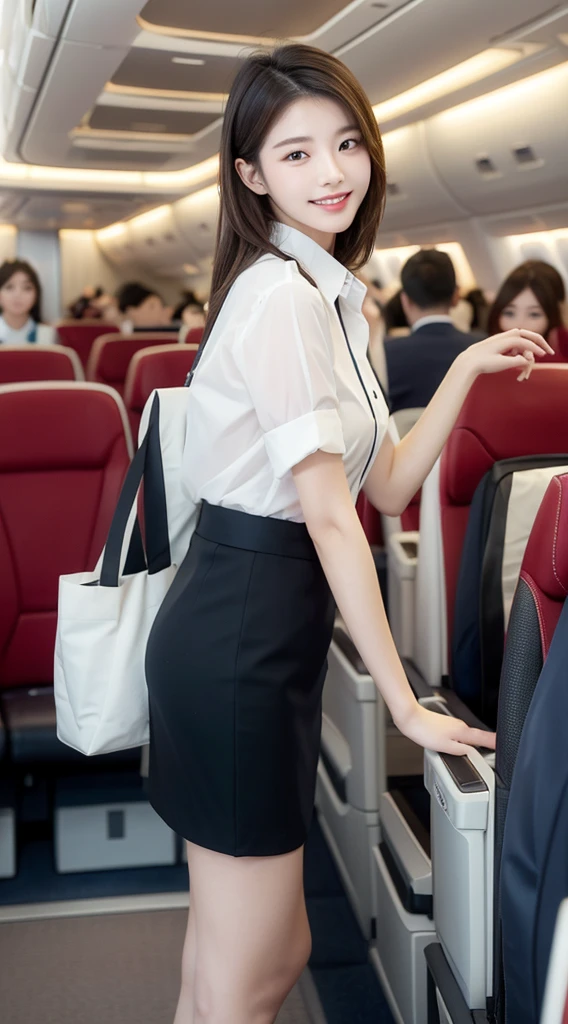 Highest quality、8K、Best image quality、Award-winning works、Korean、（Two girls:1.5）、Beautiful skin with a radiant glow、masterpiece、Top quality、Ultra-high definition、Depth of Field、Lens flare、、Brown hair、Gaze at the audience、Medium chest、Airline stewardess、（深蓝色Airline stewardess西装：1.3）、shirt、Short ivory skirt、（Black YSL heels）、Perfect legs、Model pose、View from below、Smile、Flight cabin。