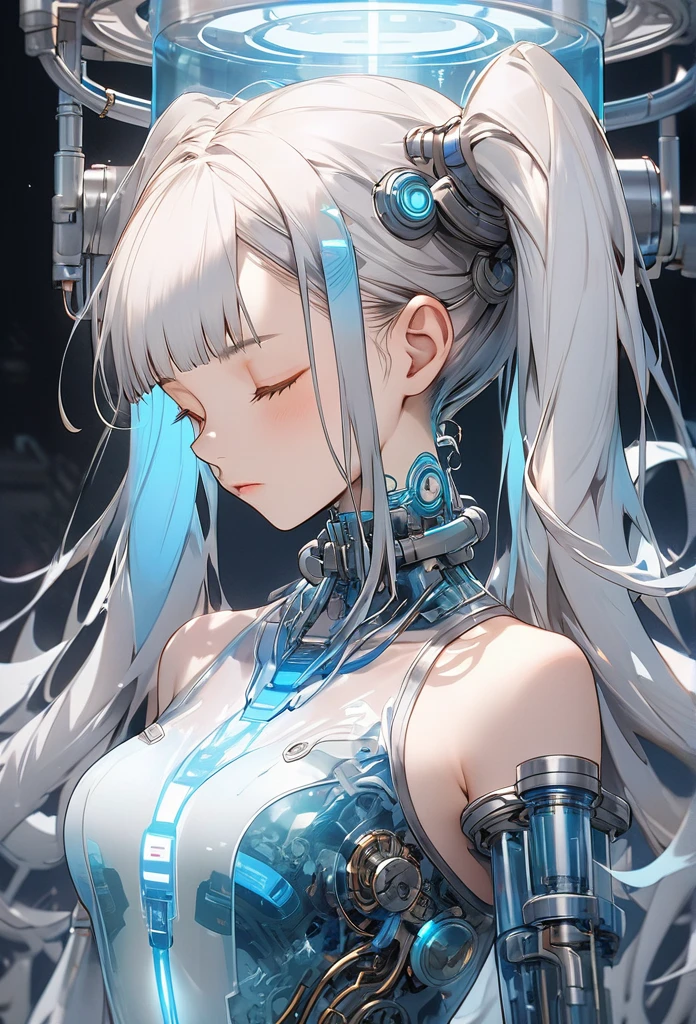 intricate illustration in imaginative and cyberpunk surrealist art style, bust of a translucent blue twin-tailed ether machine girl from a transparent large culture tank, blue and white mechanical body, blue tubes resembling blood vessels connected to neck and back, clear blue culture solution in the tank up to shoulders, tube connected to an external machine, girl with eyes closed looking down, high quality, high precision, 4k, 8k, ultra detailed