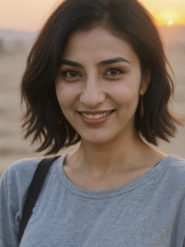 Tzu, black hair, Palestinian woman, ((30-year-old)), (Palestinian skin), (Palestinian eyes), (Palestinian nose), (Palestinian lips), (Palestinian standard face), ordinary Palestinian woman, smiling, hair bobbles, deep eyes, consistent image, ((upper body and upper legs)), wearing a Shift Dress wide shot, (((leaning))), (((sunset outdoor)))