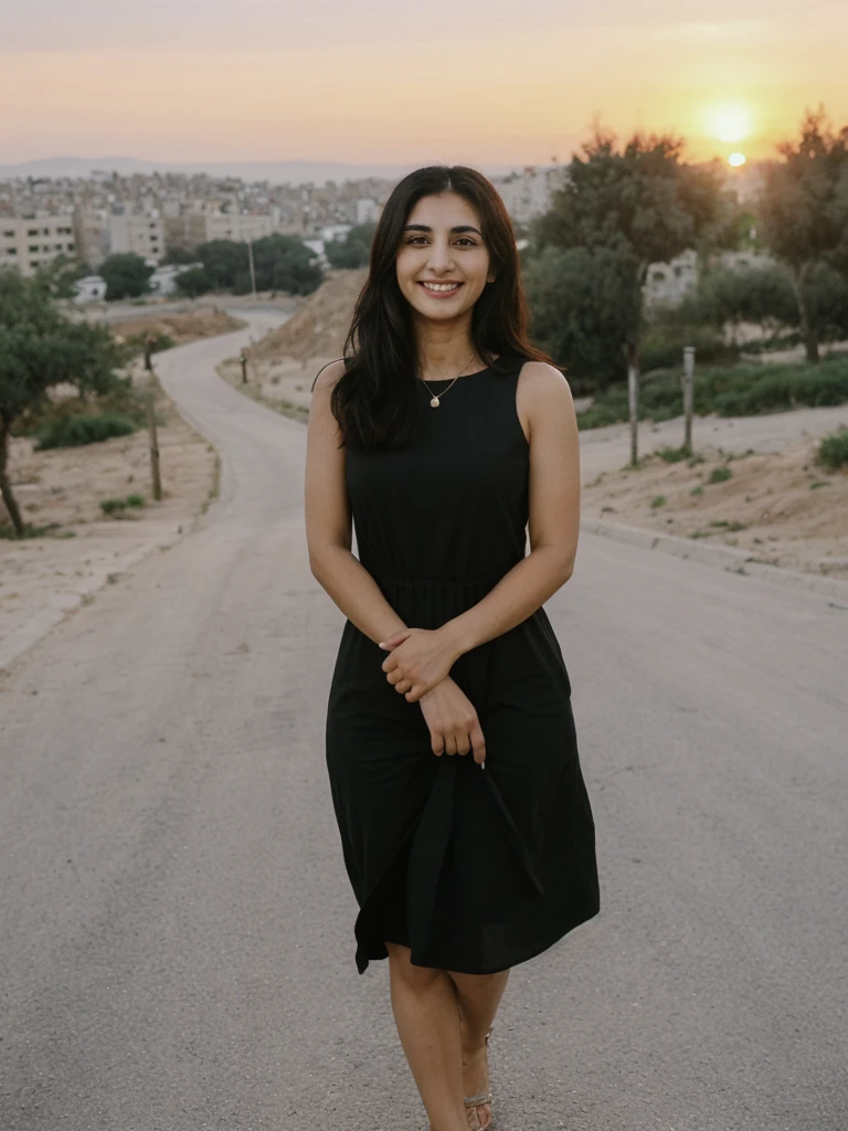 Tzu, black hair, Palestinian woman, ((30-year-old)), (Palestinian skin), (Palestinian eyes), (Palestinian nose), (Palestinian lips), (Palestinian standard face), ordinary Palestinian woman, smiling, hair bobbles, deep eyes, consistent image, ((upper body and upper legs)), wearing a Shift Dress wide shot, (((leaning))), (((sunset outdoor)))