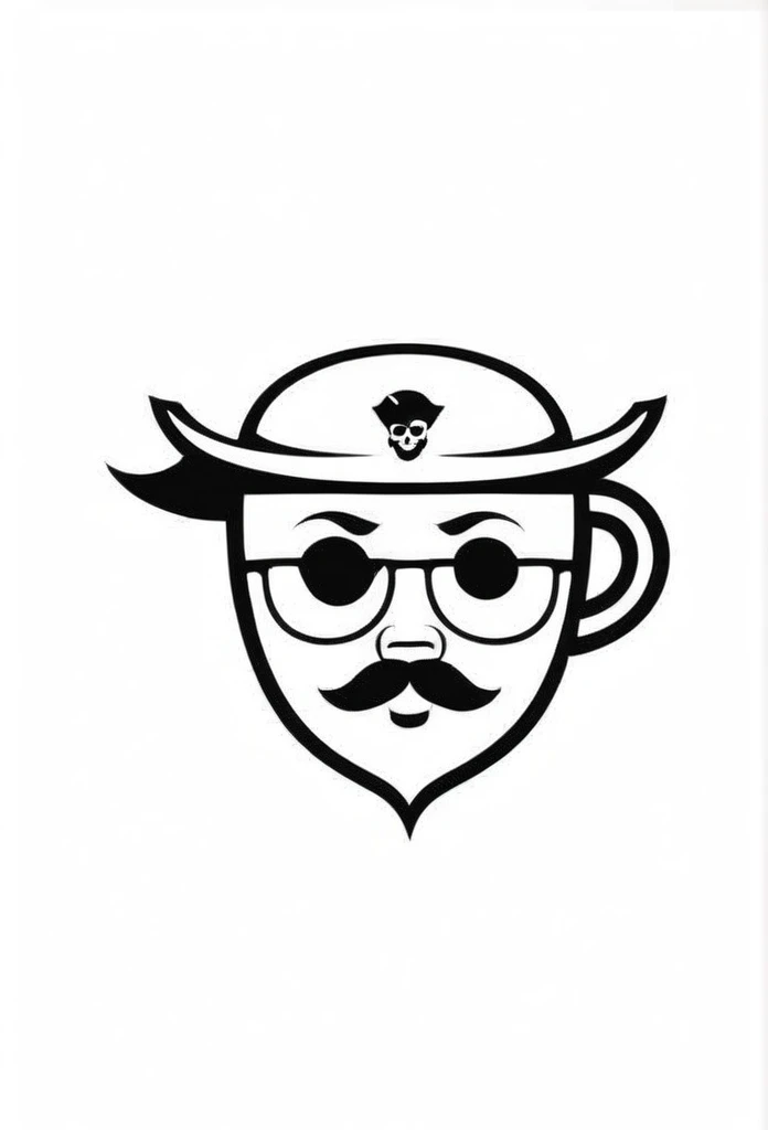 The cafe logo is based on the theme of stylish pirates. The pirate hat is、Coffee cup logo. Pretty cool, chic and modern design. Background is white.