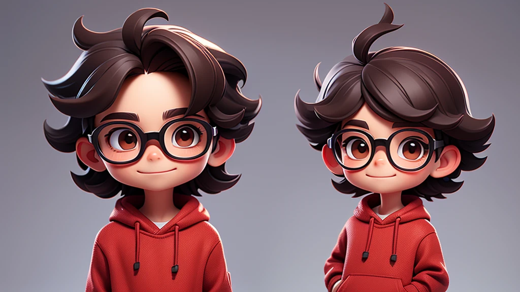 Surpise Boy chibi with Red pullover, dark brown eyes, black glasses, Happy, middle long texture crop style hair. Clear Background