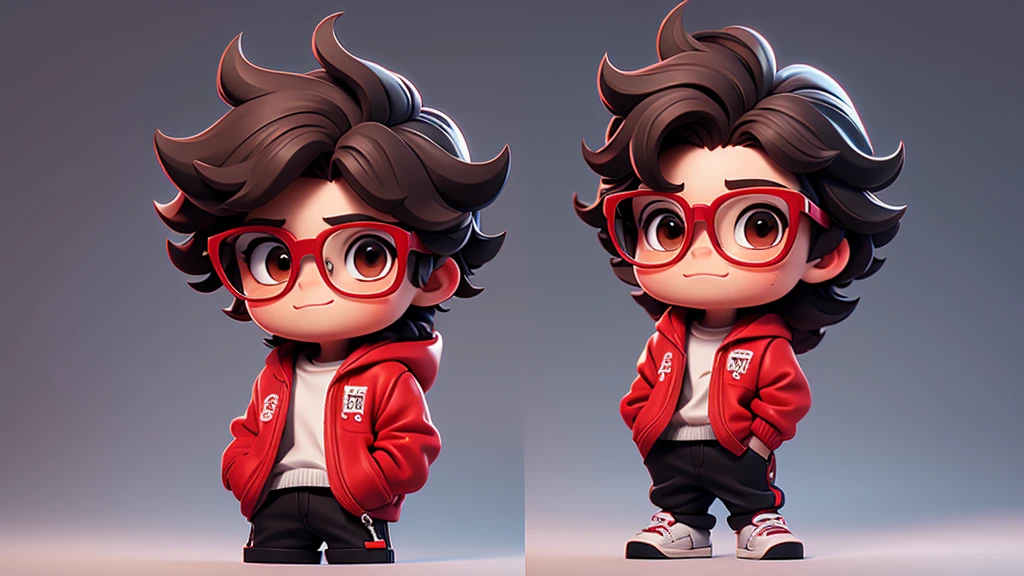 Surpise Boy chibi with Red pullover, dark brown eyes, black glasses, Happy, middle long texture crop style hair. Clear Background