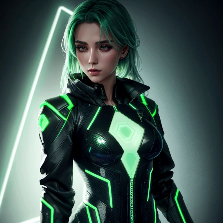 partialy pixelated female, handsome,modern aesthetic, holographic, binary code, form fitting jacket with green neon accent mimicing heartbeat, hot, 4k ultradetailed,, expressive, emotional,steamy, high quality, by OlchaS, watercolor