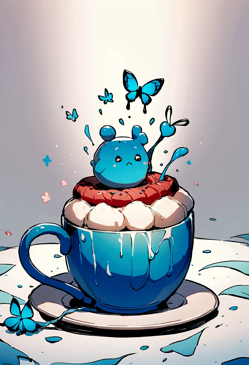 (Close-up of a small cake melting in a mug), (Blue mug:1.37),(The little cake is melting:1.37,),(Cake flowers and butterflies),Illustration elements,