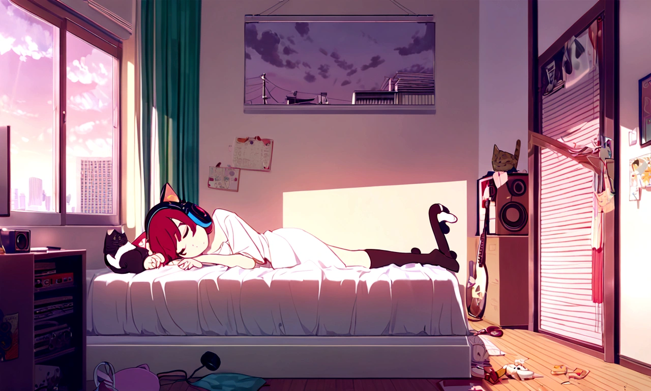 lofi,music,home,girl,headphone, the anime one,midnaight,tokyo,Altocumulus,brownred hair,sleep,white bed,simple home,rolling cat,earring,good sleep,80's,