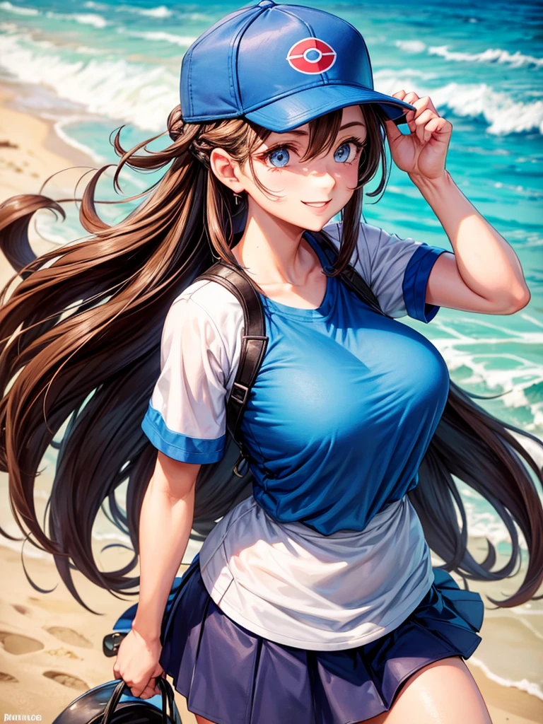 Hilda the trainer from pokemon, she has blue eyes, she wears a baseball cap from with her hair out the back of the baseball cap, she wears a skirt and a blouse the blous reveals her huge as she smiles at you, she is sutting on the beach, she has her hands on her , she has brown hair and bangs