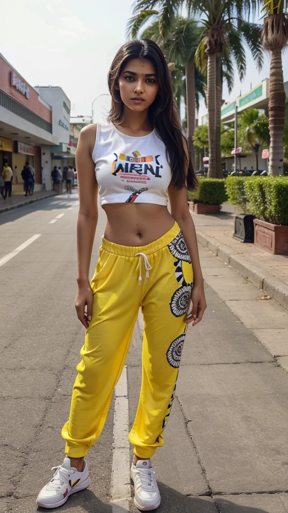 Create a full image of a sharp face , cute and lovely indian women age is ,she have bigger emerged breast and Slim waist , looking so pretty ,model and Indian cultured
And she wears a yellow graphics printed full casual dress and long black pant with white sneakers looks hot sexy model , shopping mall in background looks like Indian ,same face like last this picture