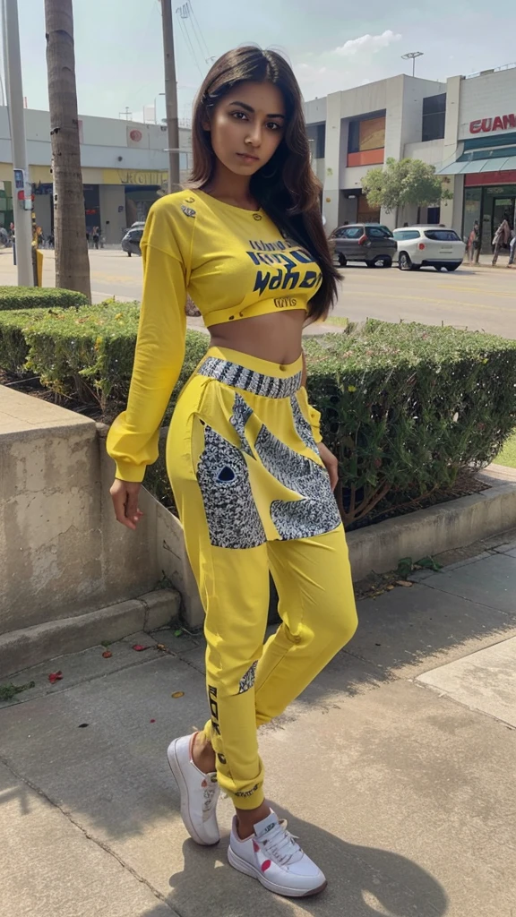 Create a  full image of a sharp face , cute and lovely indian women age is 16  years old ,she have  bigger emerged   breast and Slim waist , looking so pretty  ,model and Indian cultured 
And she wears a yellow graphics printed  full  casual dress and long black pant with white sneakers looks hot sexy model , shopping mall in background  looks like Indian ,same face like last this picture 