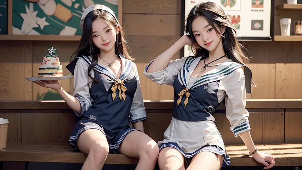 8K、RAW Photos、Highest quality、Super detailed、Super Resolution、Ultra HD、8K壁紙、Amazing details
(((Inside the Starbucks store)))、((((16 year old high school girl in sailor suit))))、Eat cake、Drink coffee、smile、Heart Necklace(((Emphasize cleavage)))
(Full body photo)