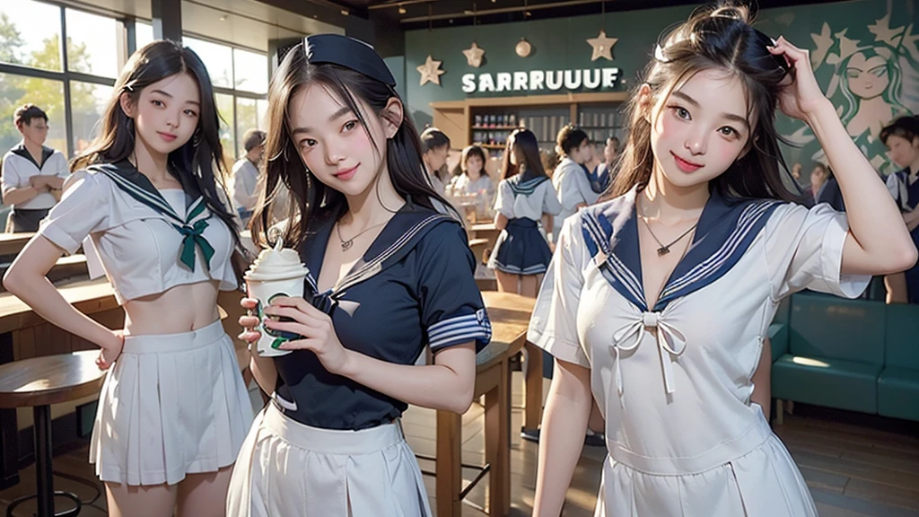 8K、RAW Photos、Highest quality、Super detailed、Super Resolution、Ultra HD、8K壁紙、Amazing details
(((Inside the Starbucks store)))、((((16 year old high school girl in sailor suit))))、Eat cake、Drink coffee、smile、Heart Necklace(((Emphasize cleavage)))
(Full body photo)
