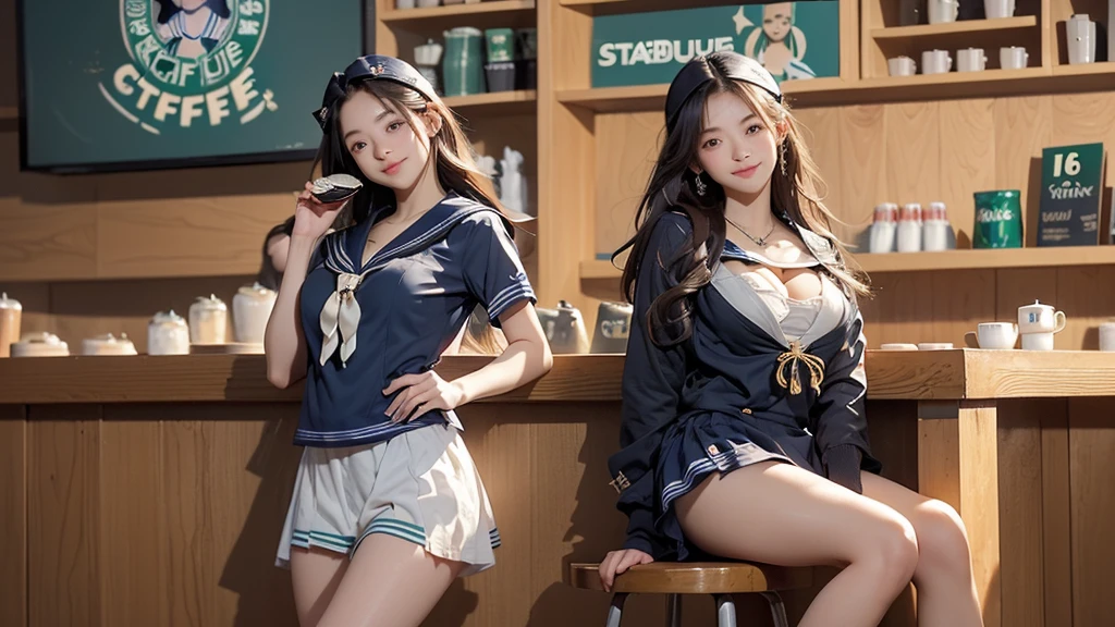 8K、RAW Photos、Highest quality、Super detailed、Super Resolution、Ultra HD、8K壁紙、Amazing details
(((Inside the Starbucks store)))、((((16 year old high school girl in sailor suit))))、Eat cake、Drink coffee、smile、Heart Necklace(((Emphasize cleavage)))
(Full body photo)
