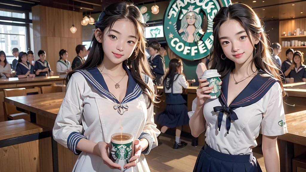 8K、RAW Photos、Highest quality、Super detailed、Super Resolution、Ultra HD、8K壁紙、Amazing details
(((Inside the Starbucks store)))、((((16 year old high school girl in sailor suit))))、Eat cake、Drink coffee、smile、Heart Necklace(((Emphasize cleavage)))
(Full body photo)
