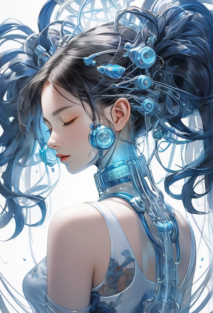 intricate illustration in imaginative and cyberpunk surrealist art style, bust of a translucent blue twin-tailed ether machine girl from a transparent large culture tank, blue and white mechanical body, blue tubes resembling blood vessels connected to neck and back, clear blue culture solution in the tank up to shoulders, tube connected to an external machine, girl with eyes closed looking down, high quality, high precision, 4k, 8k, ultra detailed