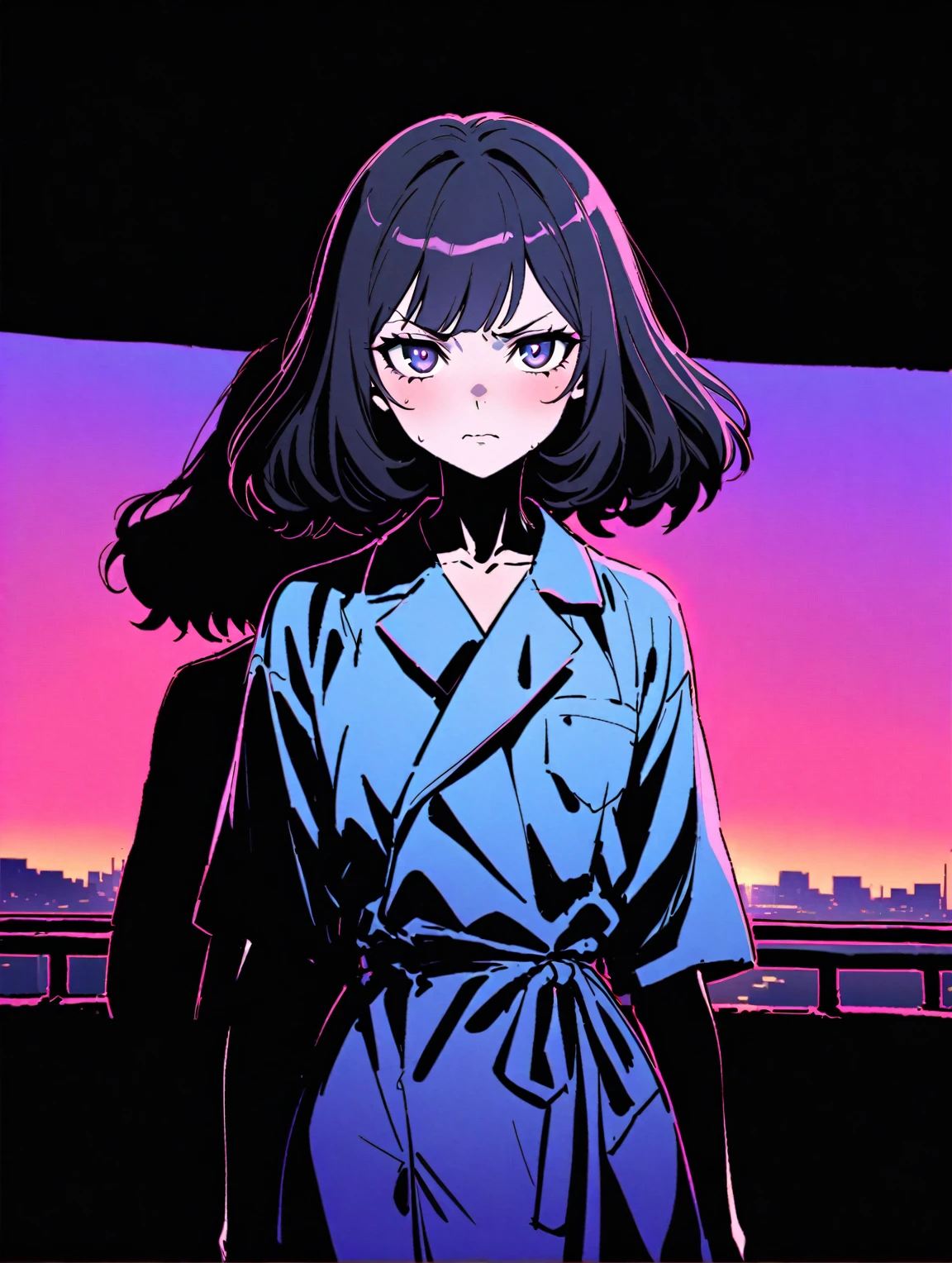 {{{sincos (sinkos), Ilya Kuvshinov (Ilya Kuvshinov), girl, waist-length}}}, 1 girl, wear a medical gown, waist-length, stands directly towards the viewer. Tired face, weak facial expressions. The hair is wavy, gathered at the back of the head, hair ivory color. The skin is not pale. The face is delicate, the cheekbones are not expressed. The eyes are black. Atmosphere – sunset, evening. Predominant colors: blue, lilac, violet - dim, calm. Fill the background with a small shadow from the character.