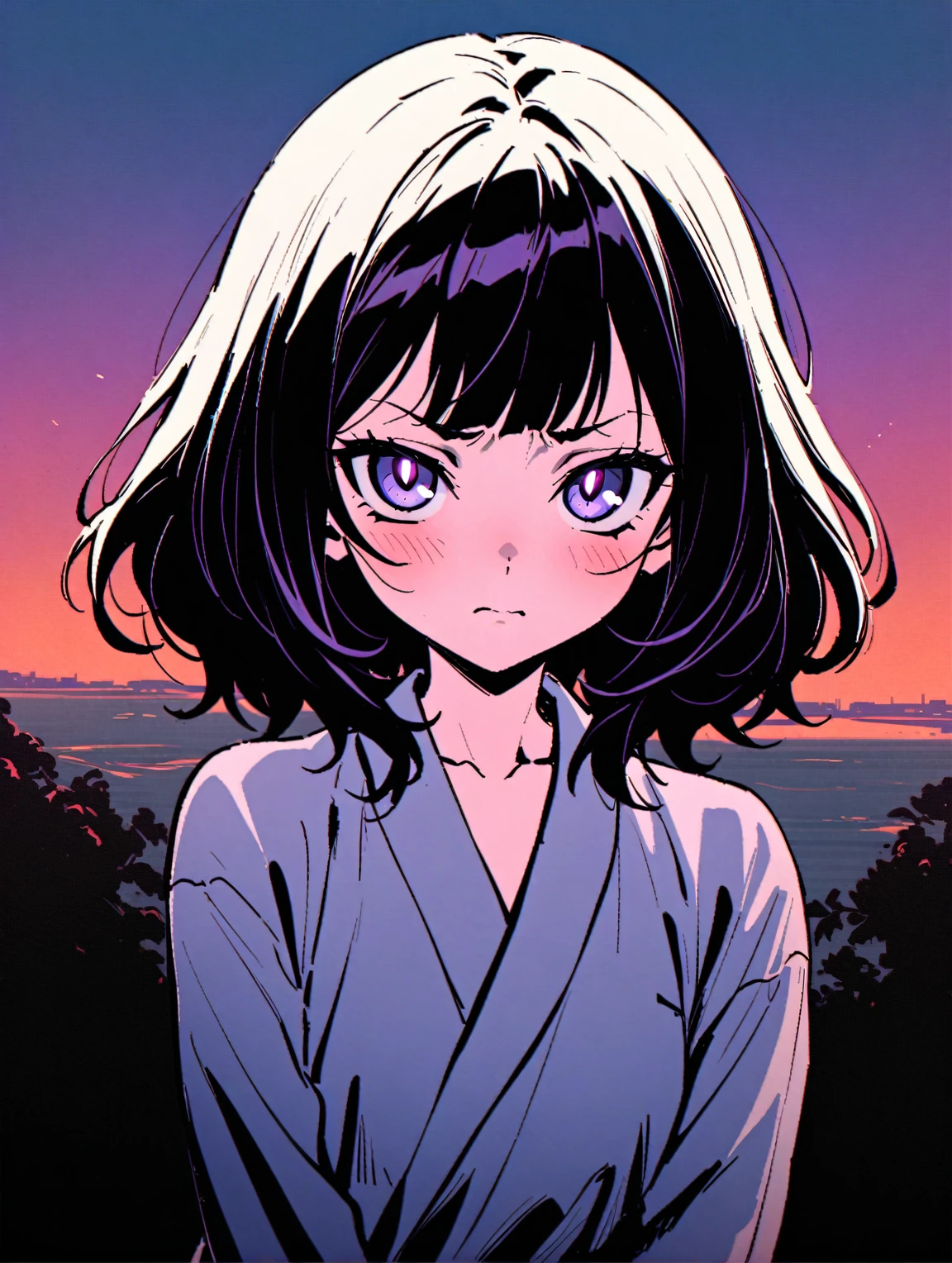 {{{sincos (sinkos), Ilya Kuvshinov (Ilya Kuvshinov), girl, waist-length}}}, 1 girl, wear a medical gown, waist-length, stands directly towards the viewer. Tired face, weak facial expressions. The hair is wavy, gathered at the back of the head, hair ivory color. The skin is not pale. The face is delicate, the cheekbones are not expressed. The eyes are black. Atmosphere – sunset, evening. Predominant colors: blue, lilac, violet - dim, calm. Fill the background with a small shadow from the character.