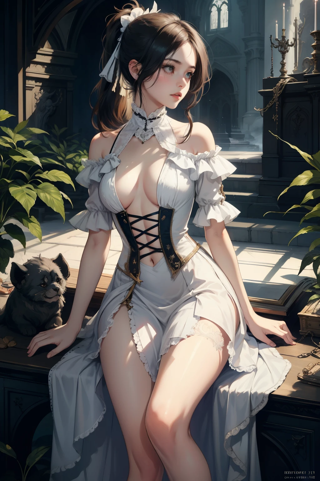 ((best quality)), ((masterpiece)), (detailed), 1girl, NSFW, small breasts, prominent collarbones, skinny arms, flat stomach, visible hip bones, long hair, ponytail, thick ponytail, heavy ponytail, red and white clothing, Bloodborne inspired, occult aesthetic, occult, detailed and intricate steampunk and detailed gothic, Fluttering lace flared long knee length dress with frilly petticoats, knee length dress, pleated petticoats