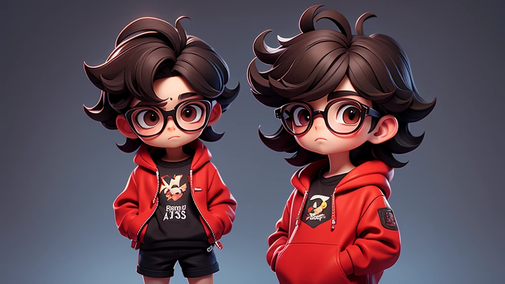 Surpise Boy chibi with Red pullover, dark brown eyes, black glasses, middle long texture crop style hair. Clear Background
