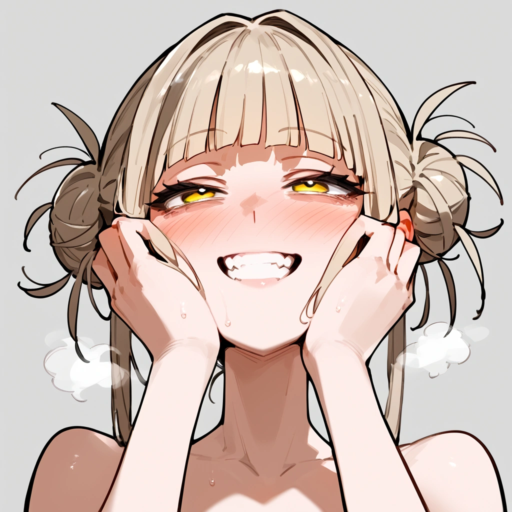 anime artwork, score_9, score_8_up, score_7_up, score_6_up, score_5_up, score_4_up, floox style //////Himiko toga, big breasts, she is 24 years old, style_3, , , , naked,, yellow eyes, solo, nude,, smile, , grey background, simple background , , ,hands on face, AMAZING!, , , , full-face blush,, , steam, deep breath, , , steaming body, face close-up, she get fucked, a little bit below view, rolling eyes, big tits, detailed face, head up, clenched teeth, cropped torso
