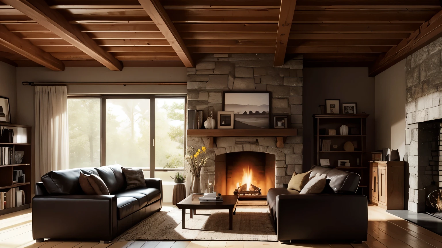 Rendering of a living room with fireplace, sofa and TV, Advanced Rendering in Unreal 5 Engine, unreal 5 engine rendered, Highly realistic Unreal Engine, unreal 5 engine render, realistic unreal engine 3 d game, Unreal Engine realistic rendering, Cinematic Rendering Unreal Engine, Highly detailed Unreal Engine, Detailed Unreal Engine 5 Rendering, Realistic Unreal Engine 5, Unreal Engine Rendering Styles,Inside a log cabin
