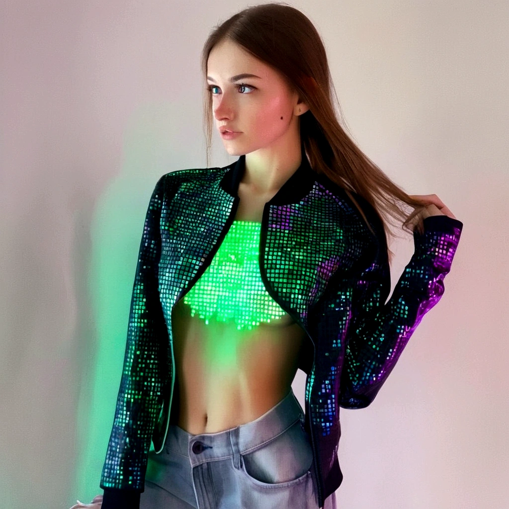 partialy pixelated female, handsome,modern aesthetic, holographic, binary code, form fitting jacket with green neon accent mimicing heartbeat, hot, 4k ultradetailed,, expressive, emotional,steamy, high quality, by OlchaS, watercolor