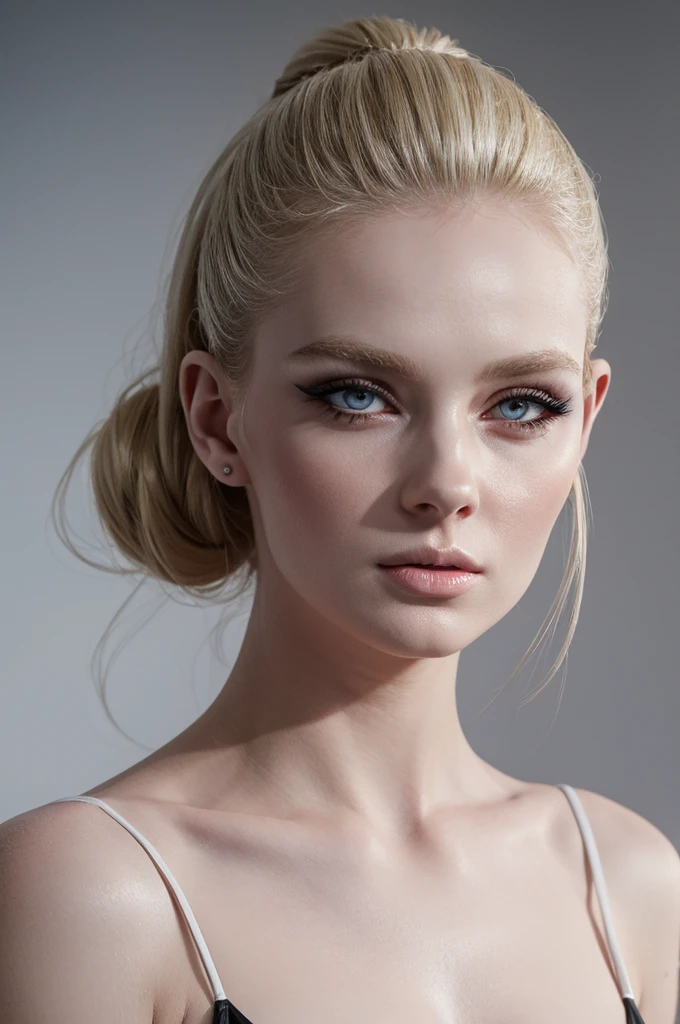 woman pretty, blonde, slick back-hairstyle , blonde , sheer bikini ,white skin,big breast, pale ,foxy eyeliner, portrait ,no-makeup ,hot,full body ,pale woman painting, eyeliner wonderful highly detailed masterpiece, beautiful light deep focus, elegant, digital painting, smooth, dramatic lighting, ultra realistic, 8k, art , blur ,sky ,white background