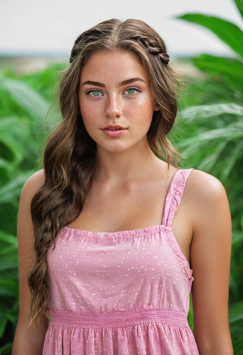 25 year old girl with wawer made waves with small braids in front of hair ((long hair)), ((freckles)), green eyes and brown hair Beautiful realistic , a 25 year old beautiful girl, brunette hair, (((bright green eyes))), youthful, big lips, small nose, thick eyebrows, round youthful cheeks, long hair, tanned skin, ((wearing a pink sundress)), ((full body shot))