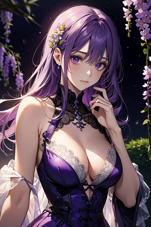 {{{{masterpiece}}}}, {{{Very detailed}}}, {{{High resolution}}}, {{Excellent anatomy}}, (((Highest quality))), ((Very delicate and beautiful)), {{Very fine and delicate}}, {8k CG wallpaper},Best Style、Beautiful woman、The most Beautiful woman in the world、Purple Water面に紫色の花が咲いている, soft Purple glow, Purple Background, Purple light, Purple Wisteria Forest, Dynamic lighting for the wisteria season, art, Purple lights, Purple lighted street, Shining Purple, Purple cherry blossoms are falling everywhere, The blossoming road to heaven, Purple glow、Purple Water、Purple reflective water surface、Purple light
