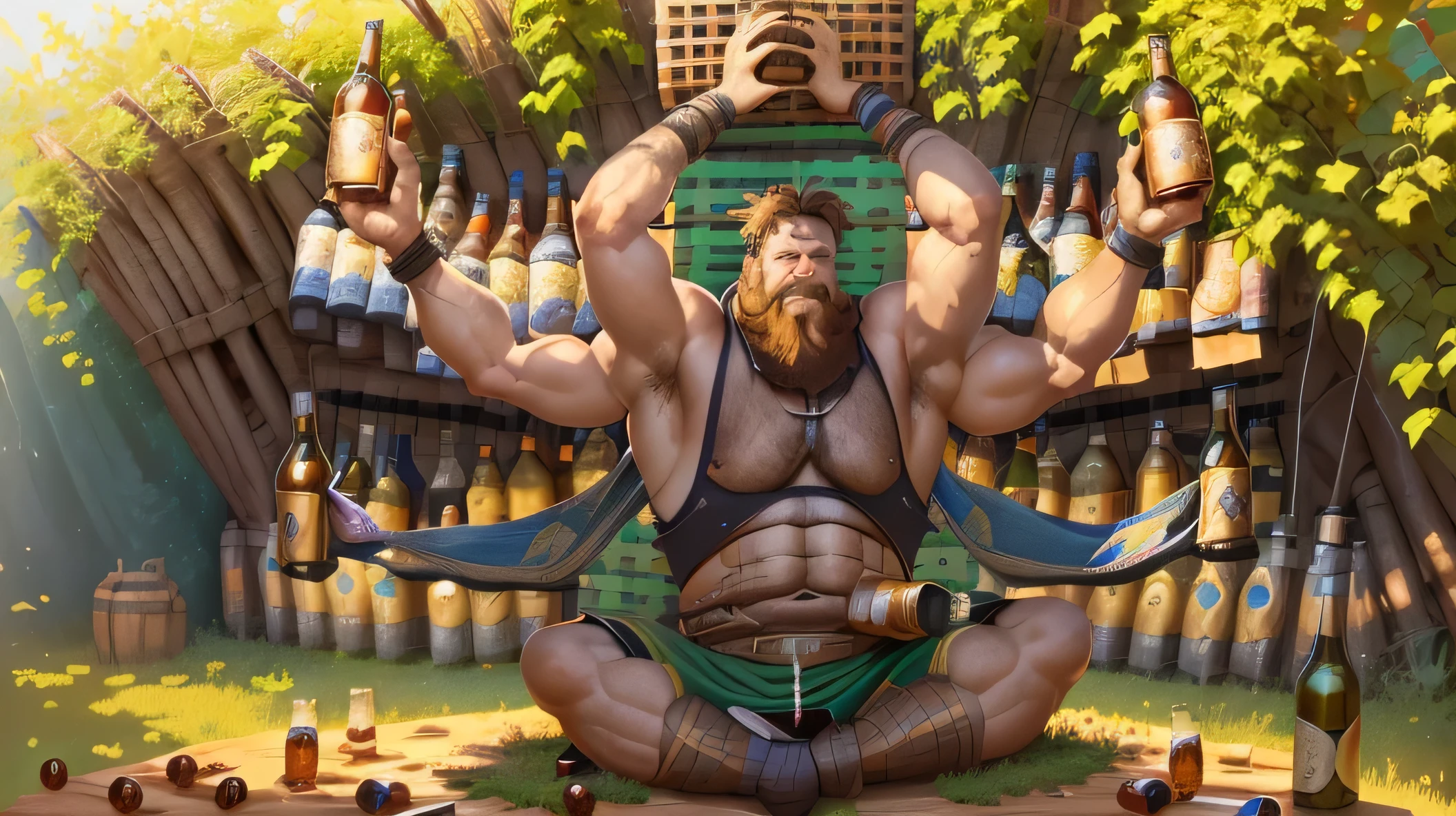arafed man sitting on hay with six arms in the air, holding beer bottles, cider - man, cider-man, calude monet style, six packs, multiple arms, six arms, holding beer, beer advertisement, drunkard, by Jan Rustem, playful peasant man, bottles of alcohol next to him, inspired by Jan Rustem, man drinking beer