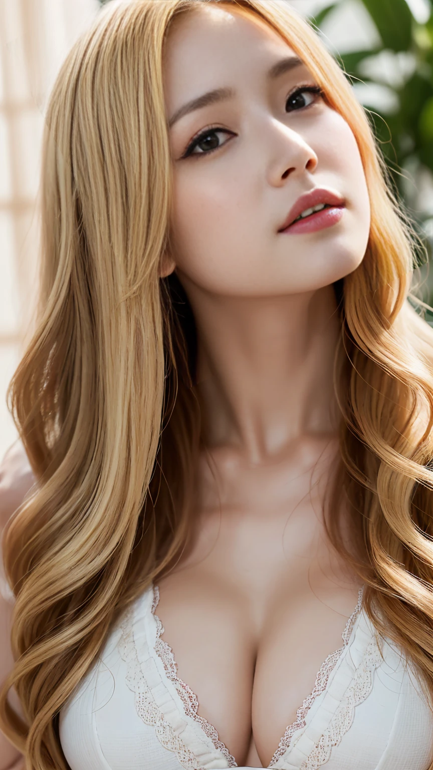 ((((blonde、Super long hair、とてもLong Hair、Wavy Hair、blonde、Look forward、Nordic)))))))、blonde、Tabletop, Highest quality, Photorealistic, In detail, High resolution, 8k wallpaper, Perfect dynamic composition, Beautiful attention to detail, Long Hair, Big ample breasts、24-years-old、(Droopy Eyes 1.4)、Adult Beauty、Japanese、Big Breasts