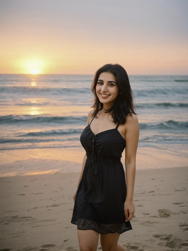 Tzu, black hair, Palestinian woman, ((30-year-old)), (Palestinian skin), (Palestinian eyes), (Palestinian nose), (Palestinian lips), (Palestinian standard face), ordinary Palestinian woman, smiling, hair bobbles, deep eyes, consistent image, ((upper body and upper legs)), wearing a summer Shift Dress wide shot, (((leaning))), (((sunset beach outdoor)))