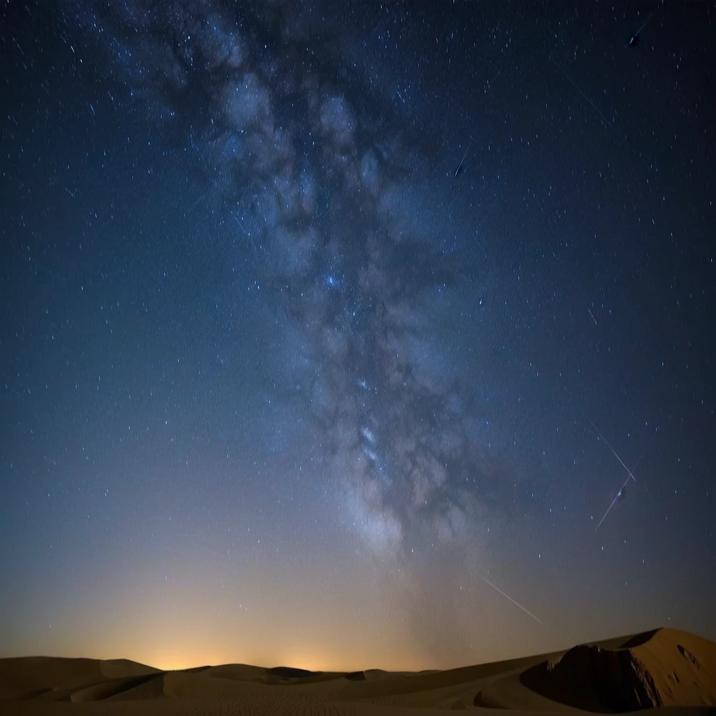 a view of a desert with a few stars in the sky, perseides meteor shower, meteors are falling from the sky, meteor shower, meteors falling, shooting star in background, sky strewn with stars, night sky with many meteorites, meteors, on a clear magnificent night sky, during a meteor storm, stars in sky, stars and planets visible