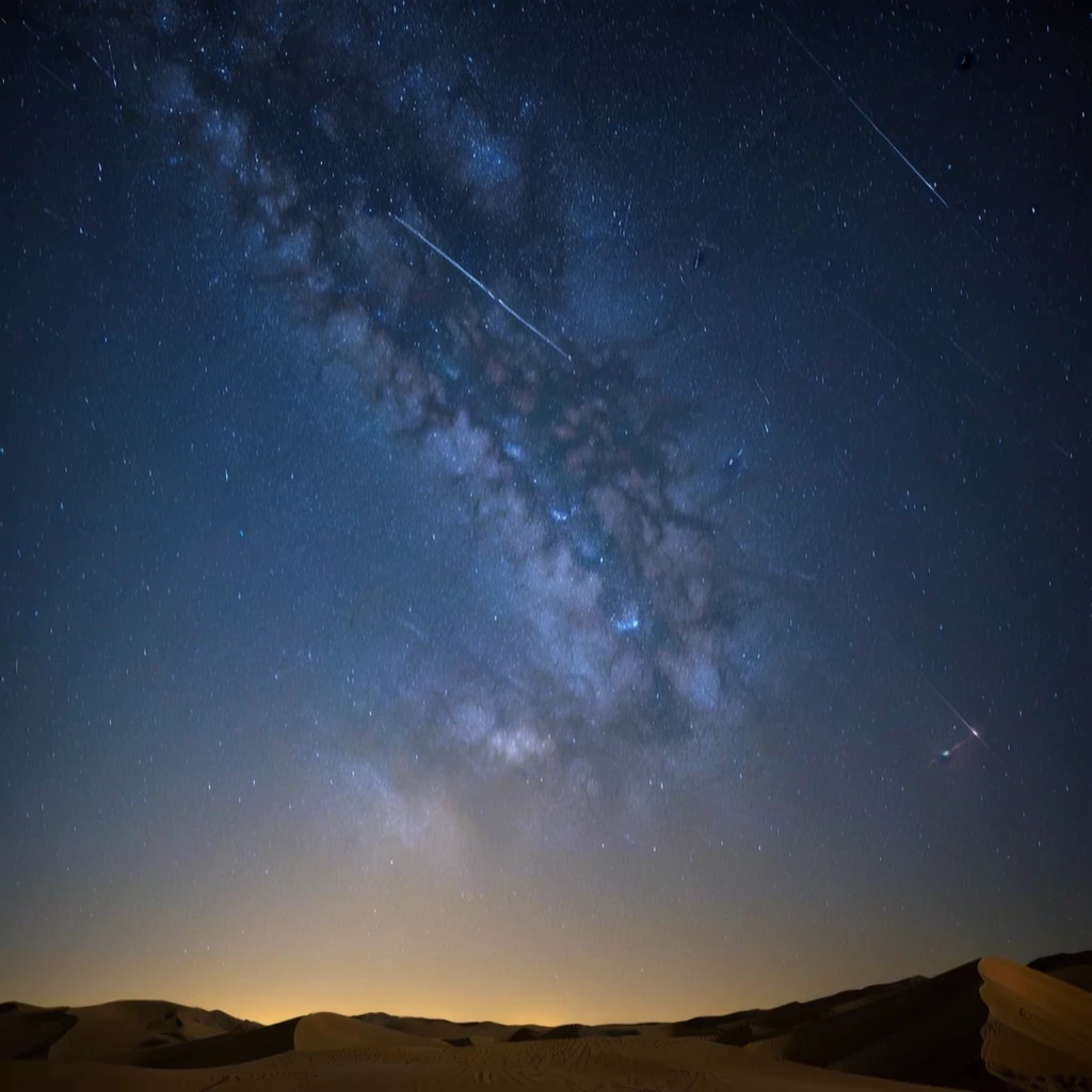 a view of a desert with a few stars in the sky, perseides meteor shower, meteors are falling from the sky, meteor shower, meteors falling, shooting star in background, sky strewn with stars, night sky with many meteorites, meteors, on a clear magnificent night sky, during a meteor storm, stars in sky, stars and planets visible