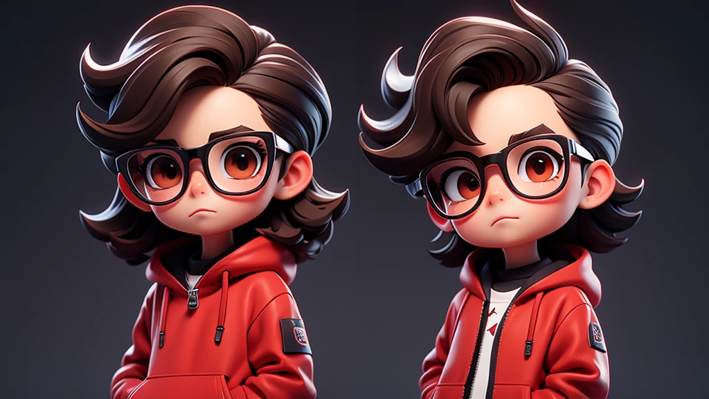Surpise Boy chibi with Red pullover, dark brown eyes, black glasses, middle long texture crop style hair. Clear Background