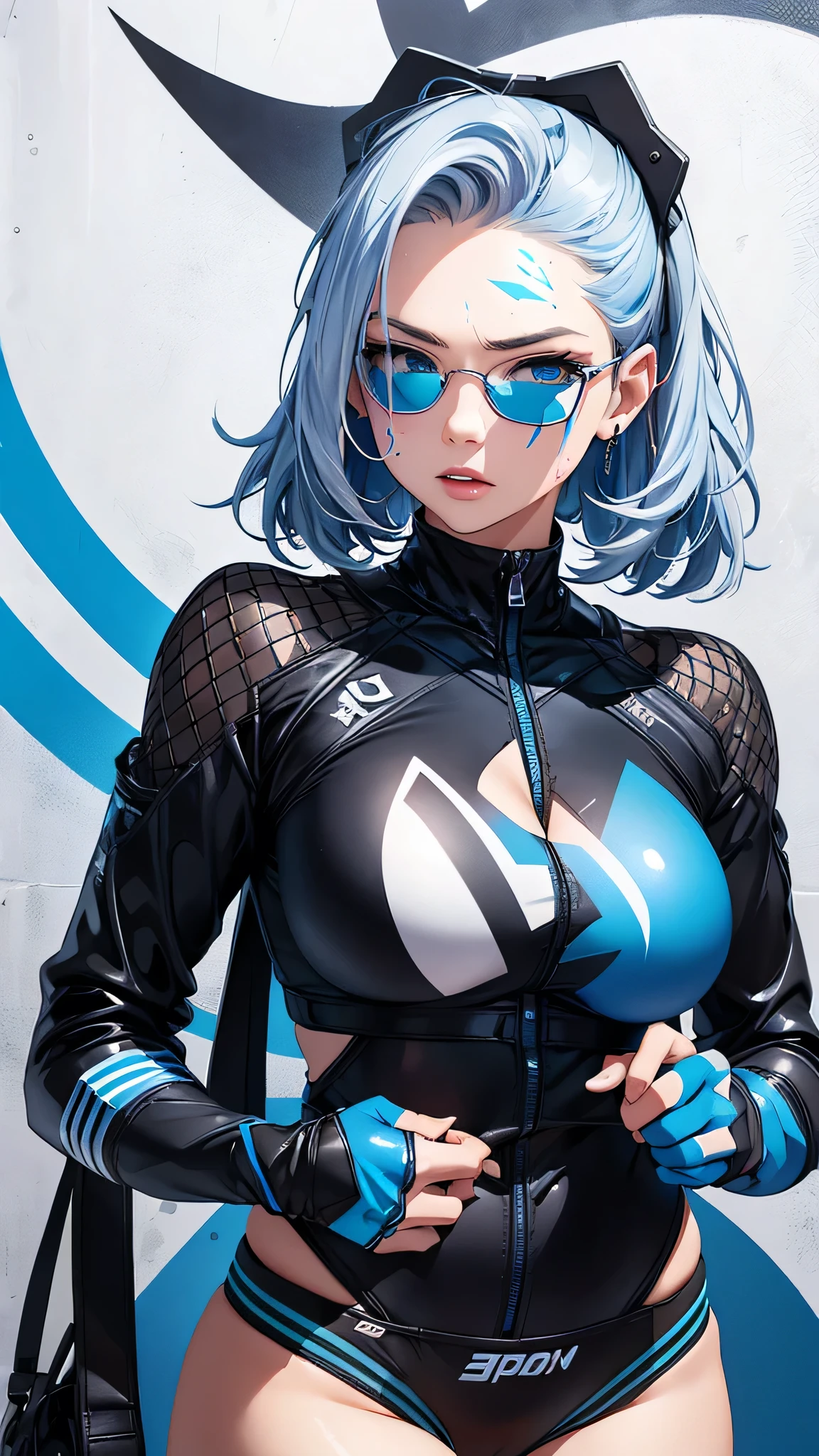 最high quality、Best image quality、masterpiece、With a girl((cute、20-year-old、Best Bust、Medium Bust、Bust 85,Beautiful Blue Eyes、Spread your chest wide,Short silver hair、Slender、The best valley、、Blue Bikini、,Show the whole body、Black perforated gloves,Blue Mesh,Leaning forward greatly、Blue Sports Sunglasses、Blue Intercom,Sweating profusely、Face Paint)）high quality、Beautiful art、background((White wall、graffiti、paint、Spray can)),Tabletop、Exquisite design、Visual Arts、Depth of written boundary、Best lighting、Highest detail、8ｋ