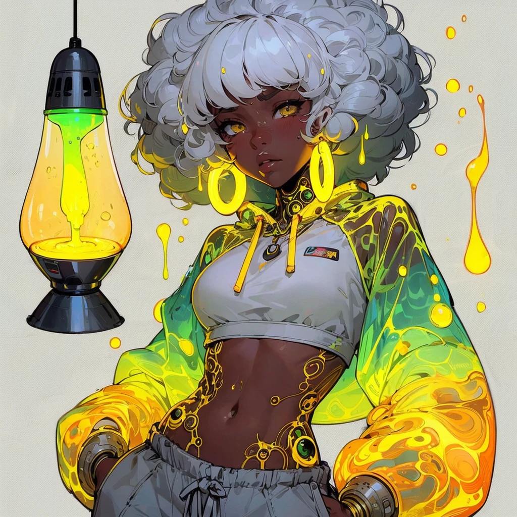 line-less manga style, anime semi realistic,  Baroque Anime Style, African American_female, mature facial features, wet curly white hair, heavy-lidded eyes, semi realistic, anime, neon yellow details, see-through yellow lava lamp abdomen, exposed lava lamp fluid stomach, short white curly wet afro, sci fi robotic neon yellow lava lamp arms, saggy baggy grey pants, neon robotic parts, glowing neon hoop ear rings, high resolution, high quality, full body 