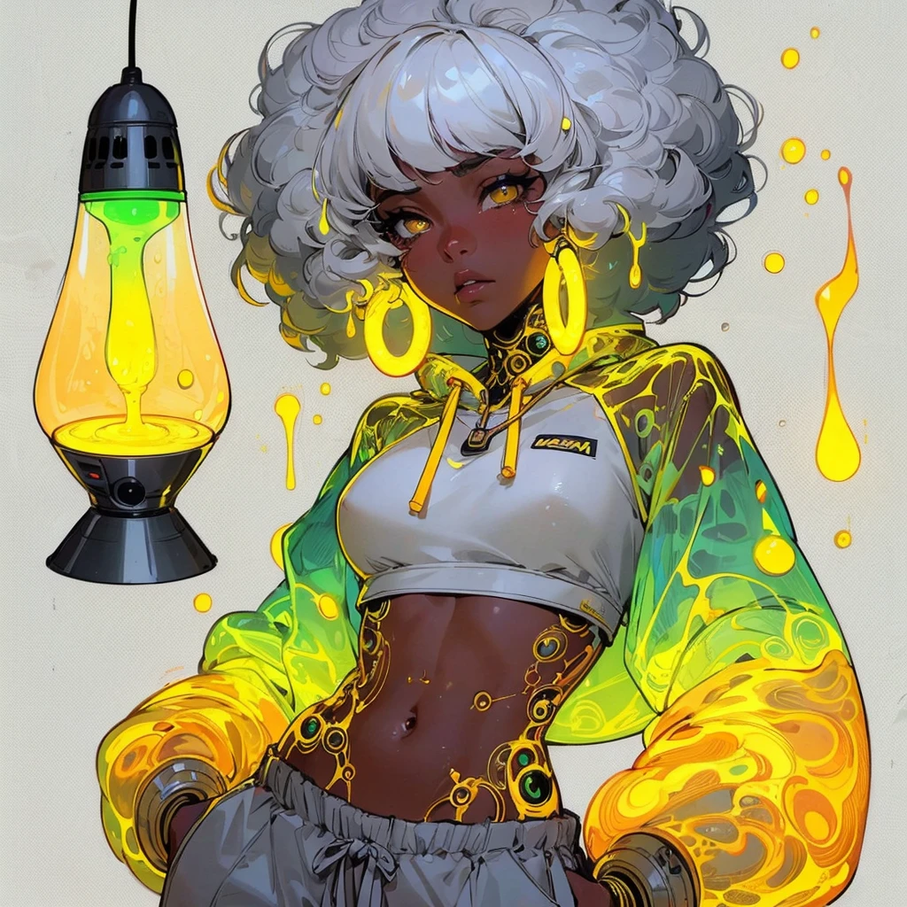 line-less manga style, anime semi realistic,  Baroque Anime Style, African American_female, mature facial features, wet curly white hair, heavy-lidded eyes, semi realistic, anime, neon yellow details, see-through yellow lava lamp abdomen, exposed lava lamp fluid stomach, short white curly wet afro, sci fi robotic neon yellow lava lamp arms, saggy baggy grey pants, neon robotic parts, glowing neon hoop ear rings, high resolution, high quality, full body 