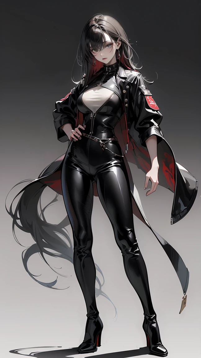 Highest quality、masterpiece、8K、Realistic、超High resolution、Very delicate and beautiful、High resolution、Muscle Girl、Perfect female body、Beautiful woman、Mature Woman、Black Hair、long hair、Toned body、Large Breasts 、Black military uniform、Black leather pants、boots、Wild Pose、Full body emphasis、Simple Background