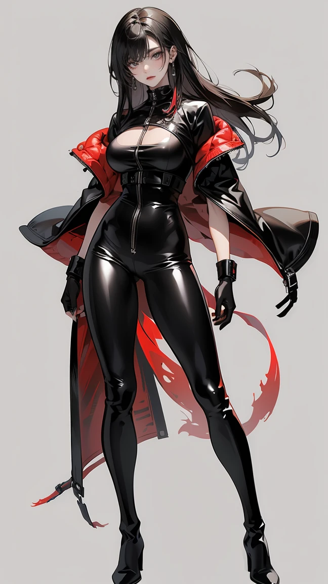 Highest quality、masterpiece、8K、Realistic、超High resolution、Very delicate and beautiful、High resolution、Muscle Girl、Perfect female body、Beautiful woman、Mature Woman、Black Hair、long hair、Toned body、Large Breasts 、Black military uniform、Black leather pants、boots、Wild Pose、Full body emphasis、Simple Background