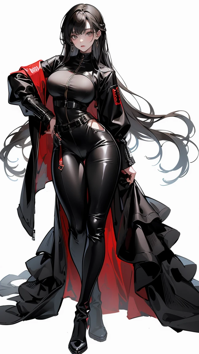(high quality, 8k, 4K, high contrast, artwork:1.2, high quality, best aesthetics), (centered), ((1 woman)), erotic, sensual, mature body, super detailed, beautiful face detailed, detailed beautiful mouth, perfect breats, perfect wide thighs, (short straight black hair), (black lipstick), (sadistic expression), (black blindfold), (eyes covered by a black blindfold), (blindfolded), (plain white shirt), (black leggings), (long black poncho), (standing), (looking at viewer), (front view)